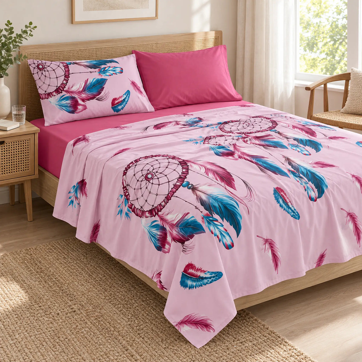 Juego de sábanas 4 piezas estampado con atrapasueños rosa – uso diario