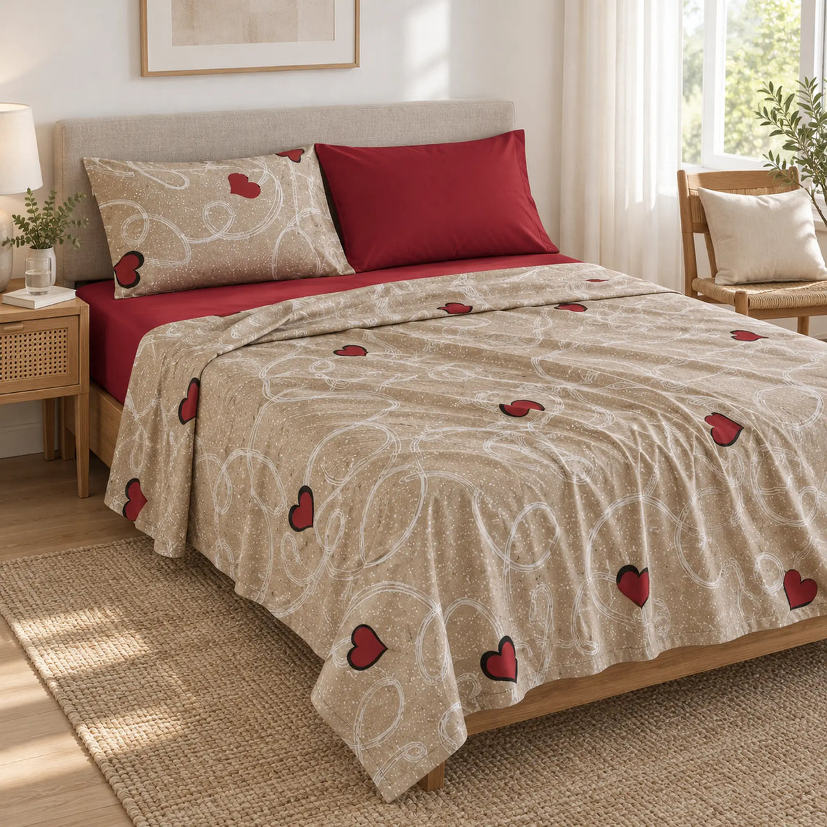 Juego de sábanas 4 piezas estampado beige con corazones – uso diario