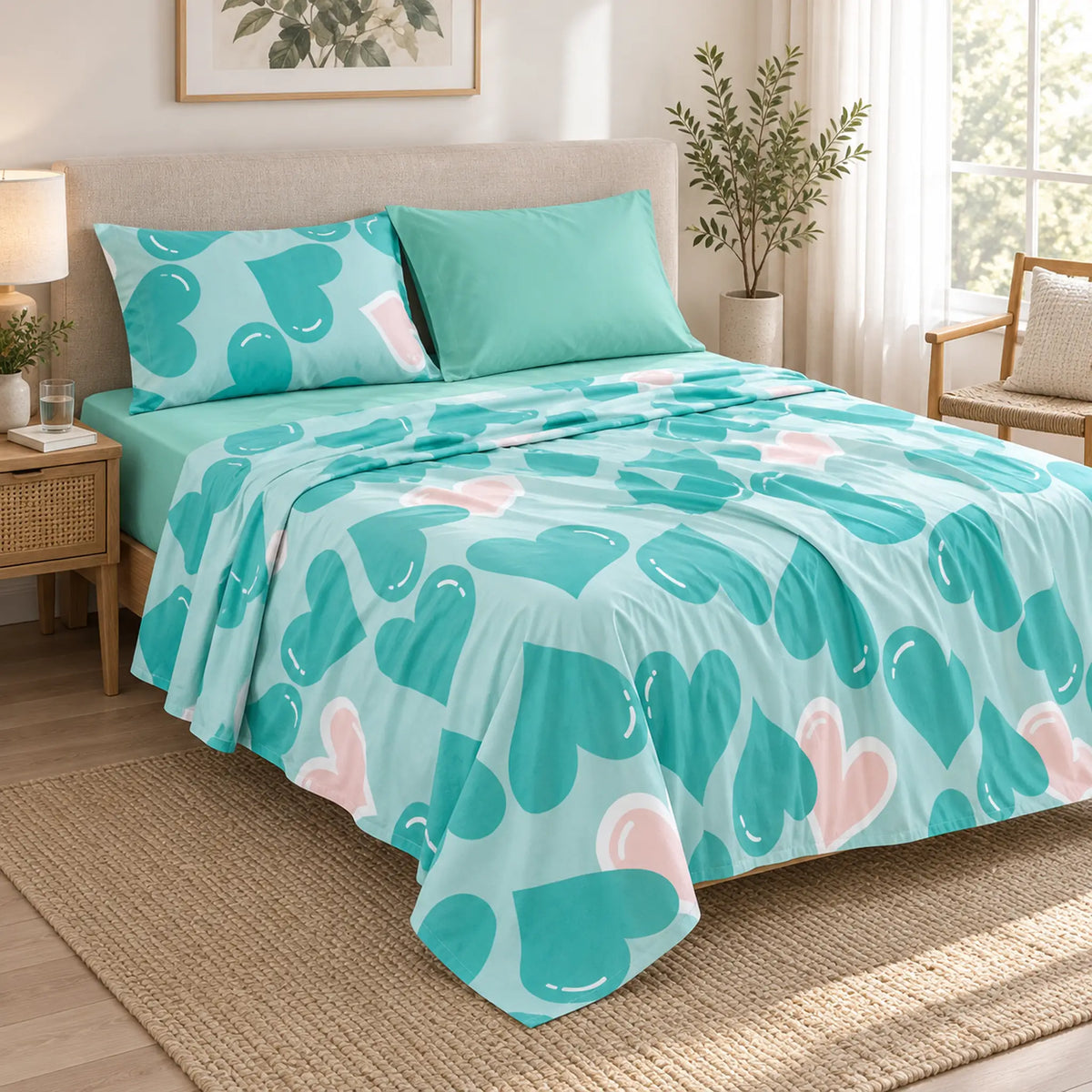 Juego de sábanas 4 piezas estampado verde menta con corazones – uso diario