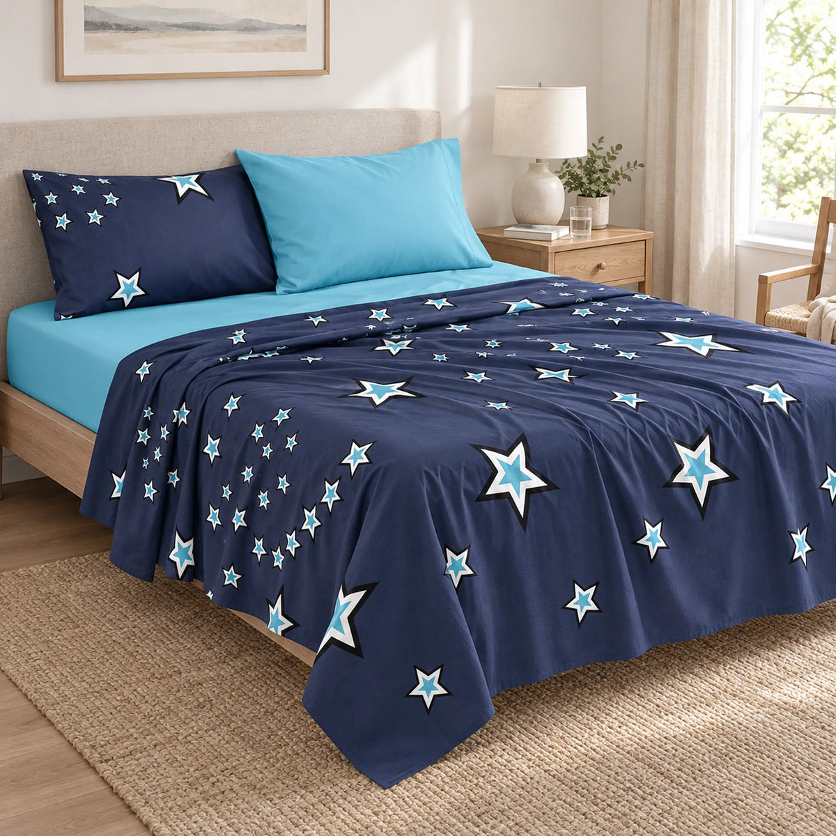 Juego de sábanas 4 piezas estampado azul marino con estrellas – uso diario