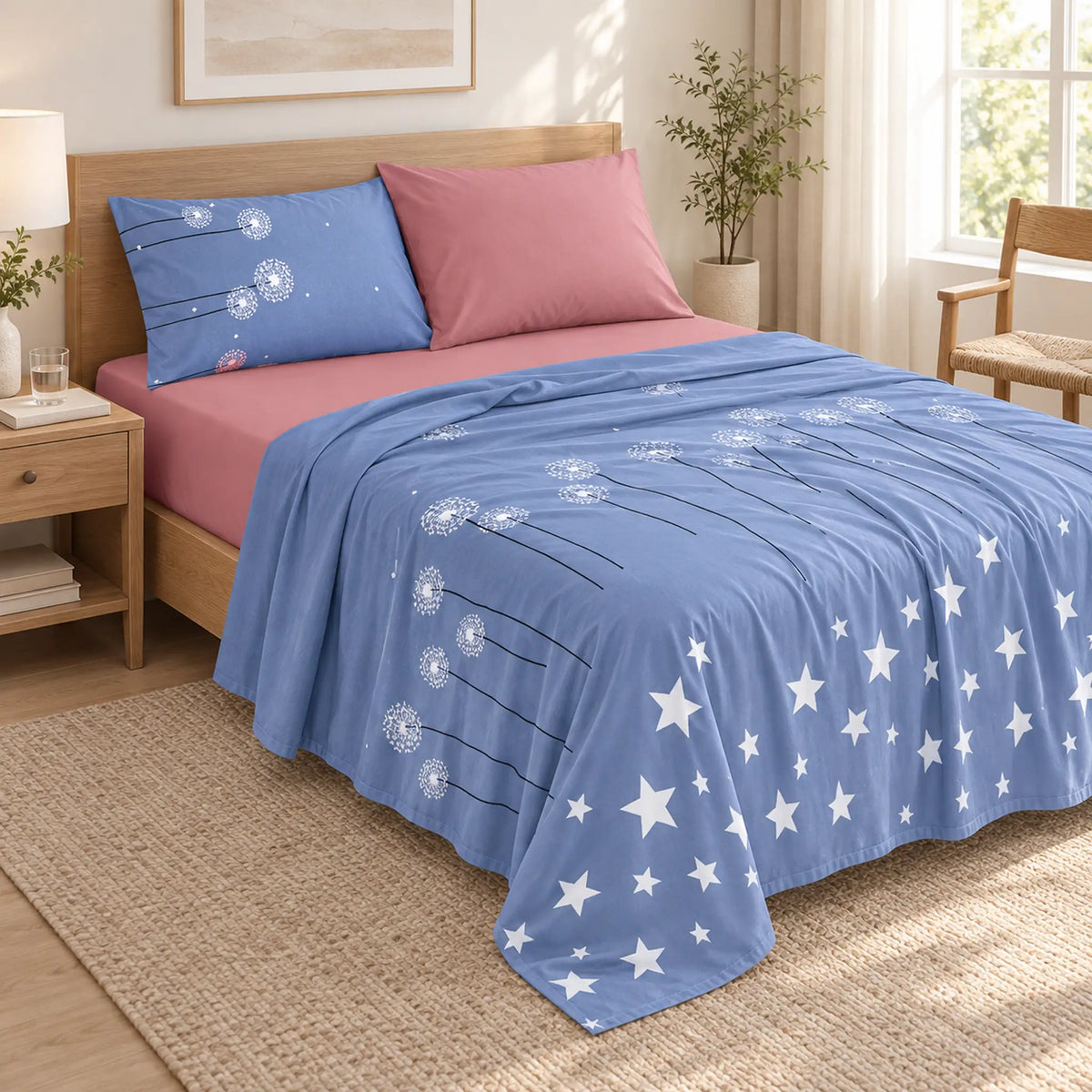 Juego de sábanas 4 piezas estampado azul con estrellas y dientes de león – uso diario