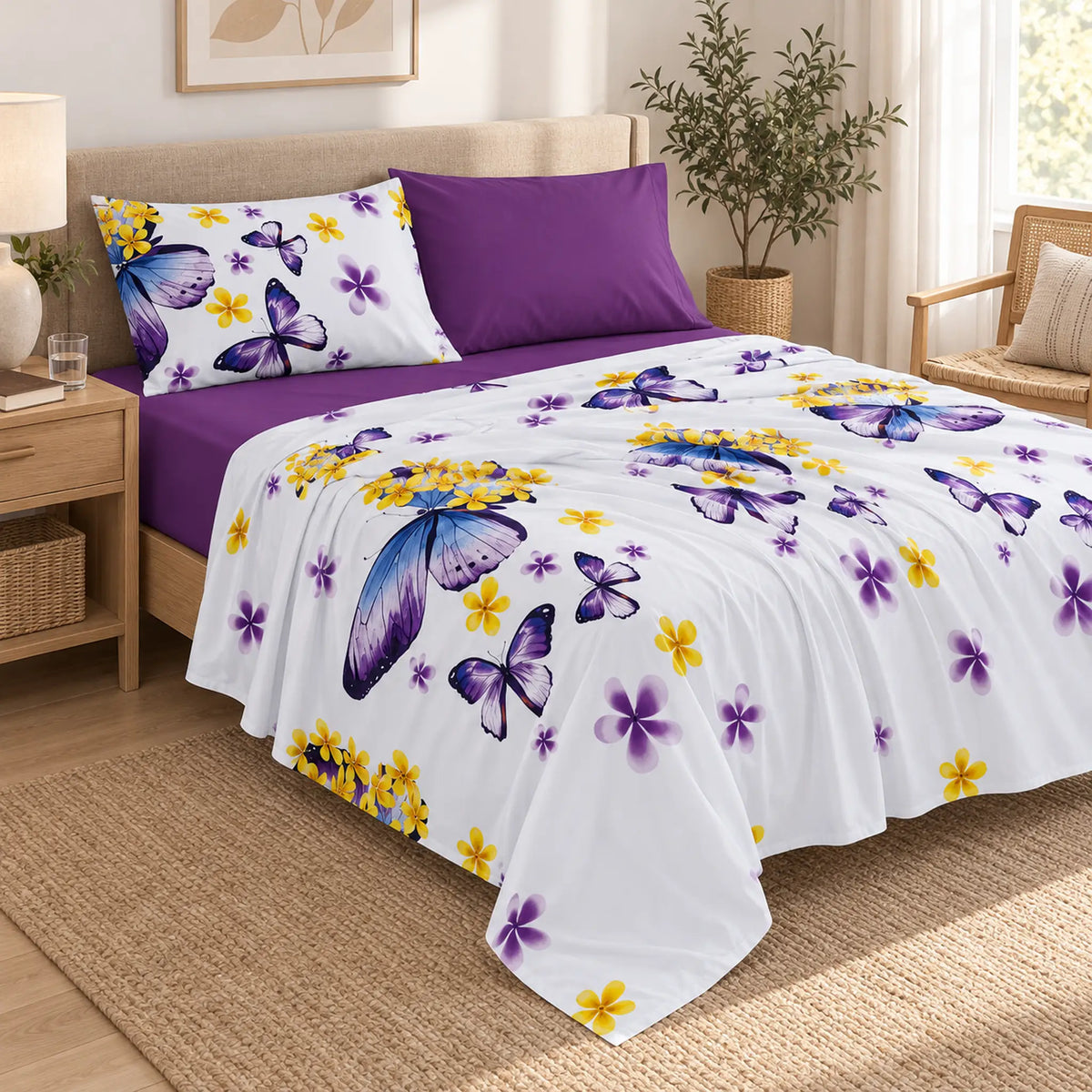 Juego de sábanas 4 piezas estampado morado con mariposas – uso diario