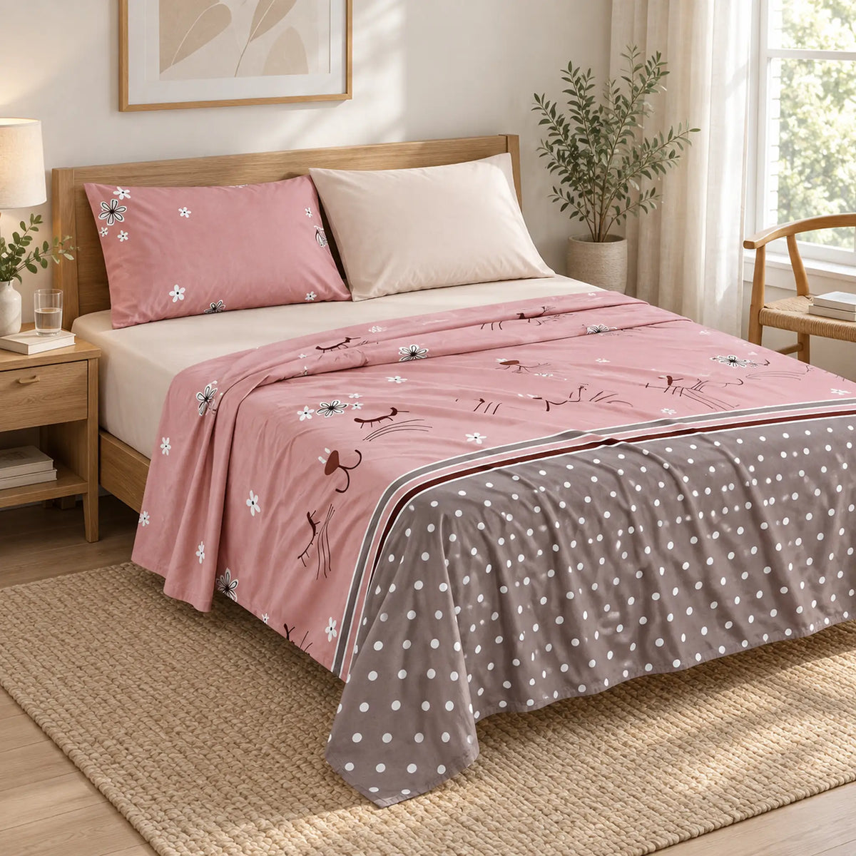 Juego de sábanas 4 piezas estampado rosa con gatito – uso diario
