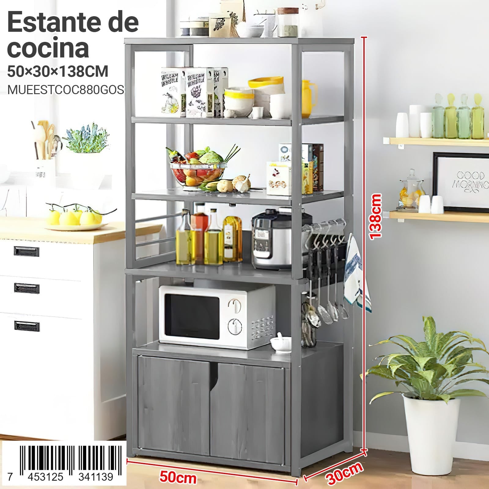 Estante de cocina modelo MUEESTCOC880GOS de la marca Ambienta, color gris oscuro, tamaño 50x30x138 cm, con repisas abiertas, espacio para microondas y ganchos laterales.