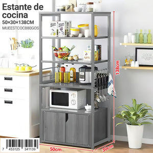 Estante de cocina modelo MUEESTCOC880GOS de la marca Ambienta, color gris oscuro, tamaño 50x30x138 cm, con repisas abiertas, espacio para microondas y ganchos laterales.