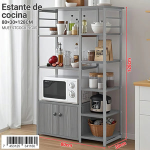 Estante de cocina gris modelo MUEESTCOC879GOS con estructura gris, dimensiones 80x30x128 cm, con gabinete inferior y múltiples repisas para utensilios y electrodomésticos.