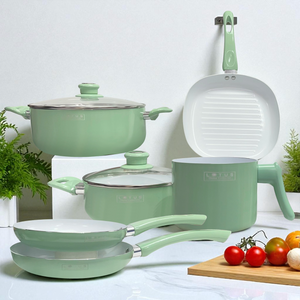 Conjunto de ollas y sartenes color verde con diseño moderno y funcional, marca Lotus Home Collection.