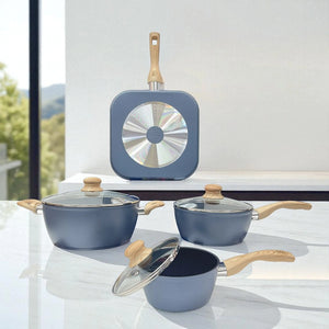 Batería de Cocina 7 Piezas Aluminio Antiadherente con Tapas de Vidrio y Sartén Grill 28 cm | Bergmann