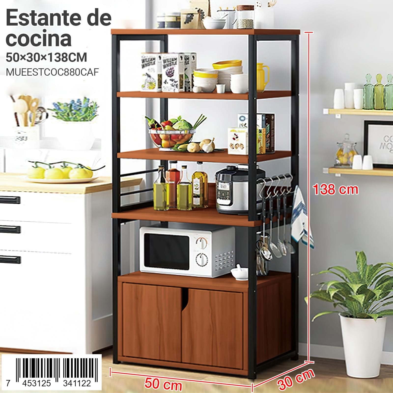 Estante de cocina modelo MUEESTCOC880CAF de la marca Ambienta, color café con estructura negra, tamaño 50x30x138 cm, ideal para organización de cocina y utensilios.
