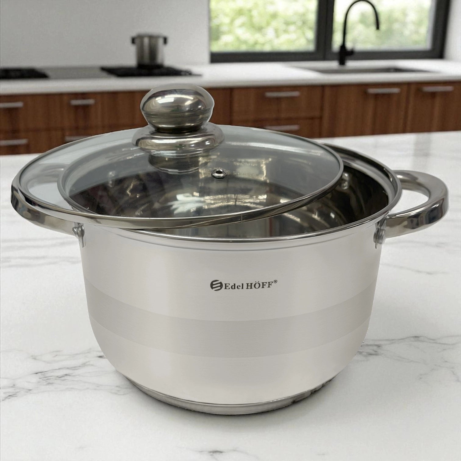 Olla brillante de acero inoxidable Edel HÖFF de 26 cm con tapa de cristal.