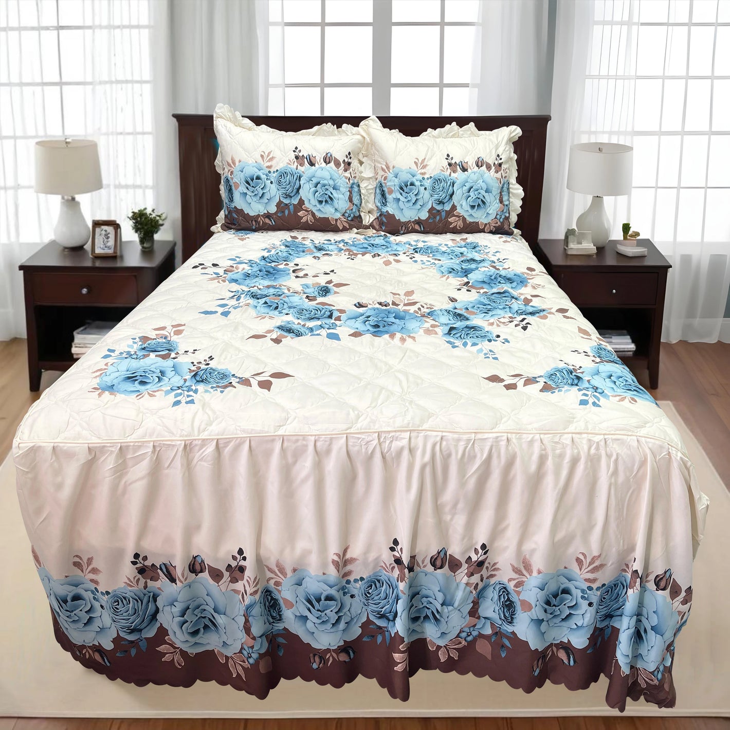 Set de 3 Piezas Cubrecama Decorativo con Fundas Queen Size Alicia  | Diseño Floral Fresco para Climas Cálidos