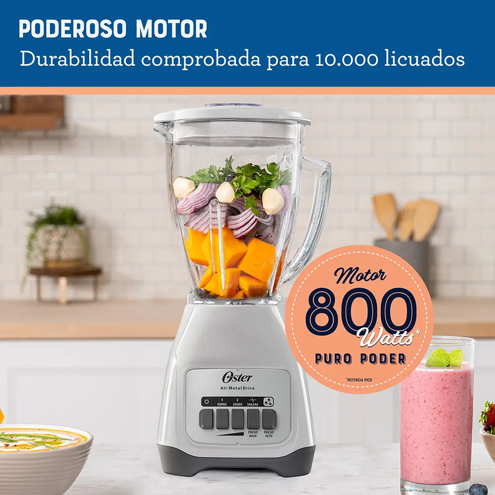 Licuadora Oster® 800W, velocidades pulso, vaso de vidrio Boroclass