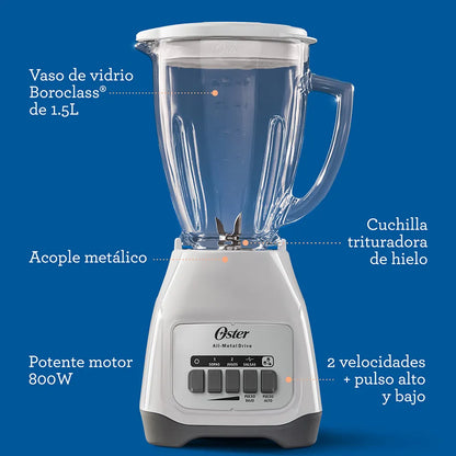 Licuadora Oster® 800W, 2 velocidades + pulso, vaso de vidrio Boroclass BLSTKAGWPB