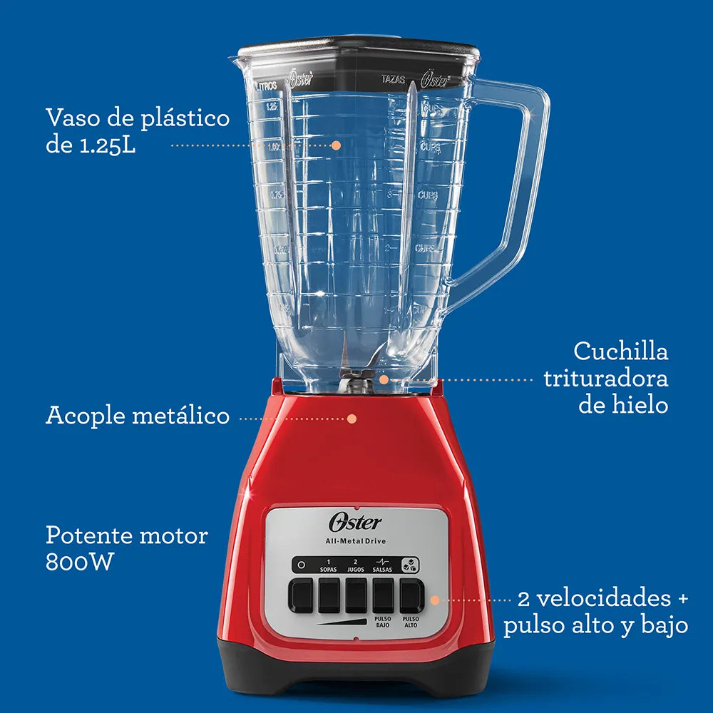 Licuadora Oster® 800W, 2 velocidades + pulso, vaso de plástico 1.25L BLSTKAP-RPB-2 | Ambienta Home Decor