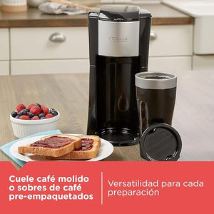 Cafetera Personal Black+Decker de 1 Taza con Taza Térmica de 16 oz | Café Molido y Sobres