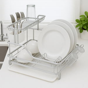 Escurridor de Platos de Aluminio de 2 Niveles con Bandeja y Porta Cubiertos – Antióxido y Fácil de Limpiar