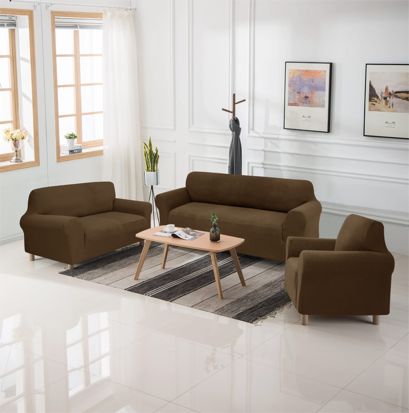 Set de forro de muebles 321 asientos tela stretch elasticos de 3 piezas color cafe