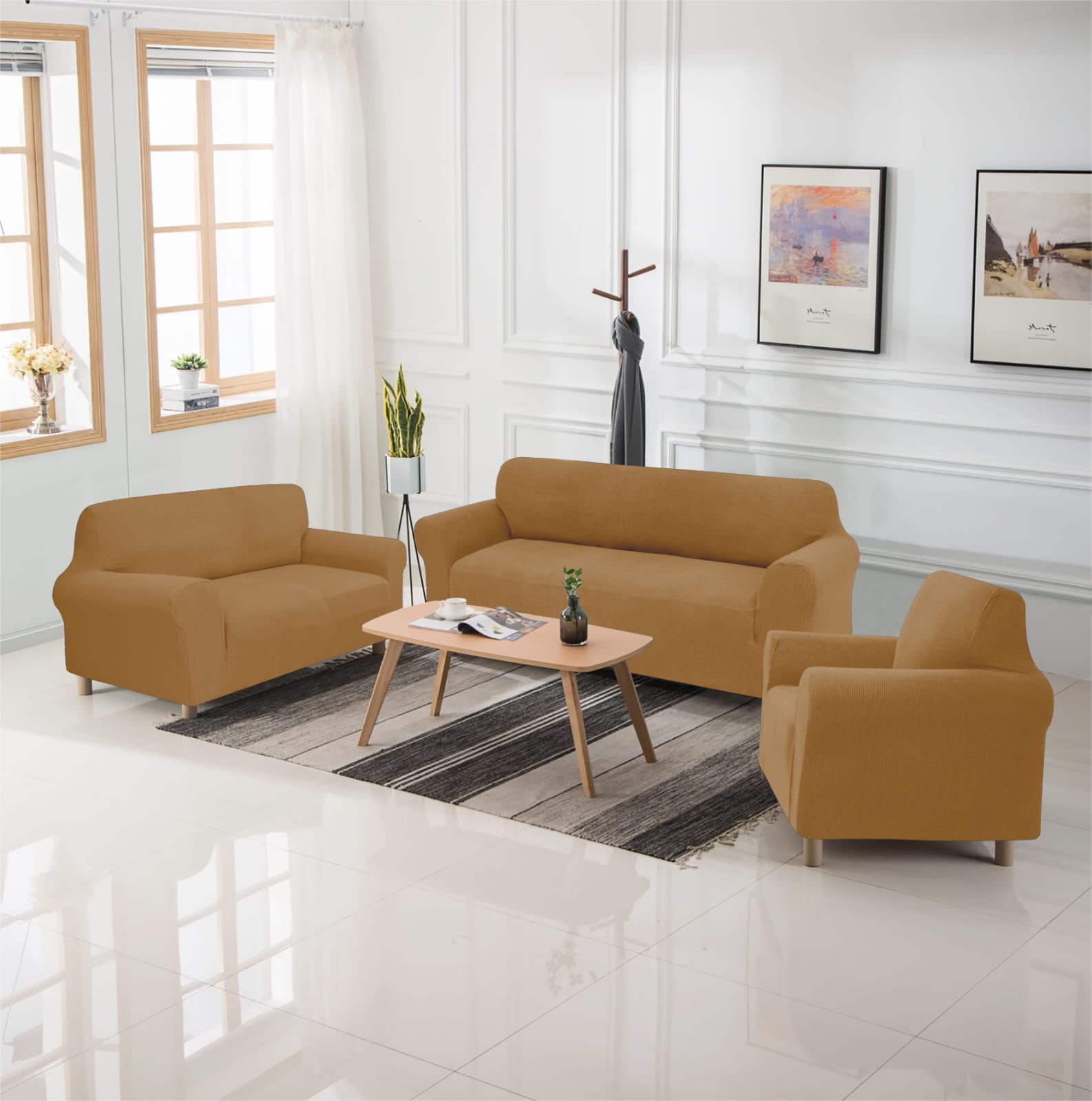 Set de forro de muebles sin revuelo 321 asientos de 3 piezas color caramelo