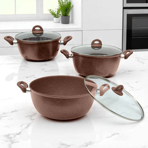 Set de Ollas Antiadherentes HotChef 6 Piezas – Aluminio con Tapas de Vidrio | Cocina a Gas y Eléctrica