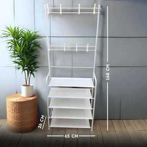 Zapatera de 5 Niveles con Ganchos – Blanco / Negro