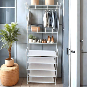 Zapatera de 5 Niveles con Ganchos – Blanco / Negro