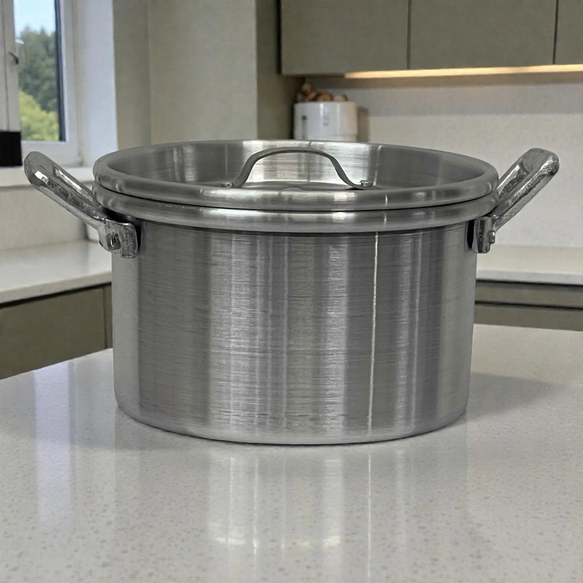 Olla de aluminio ALINTER con oreja #18 y tapa, color plateado, hecha en El Salvador, vista frontal en cocina sobre encimera.