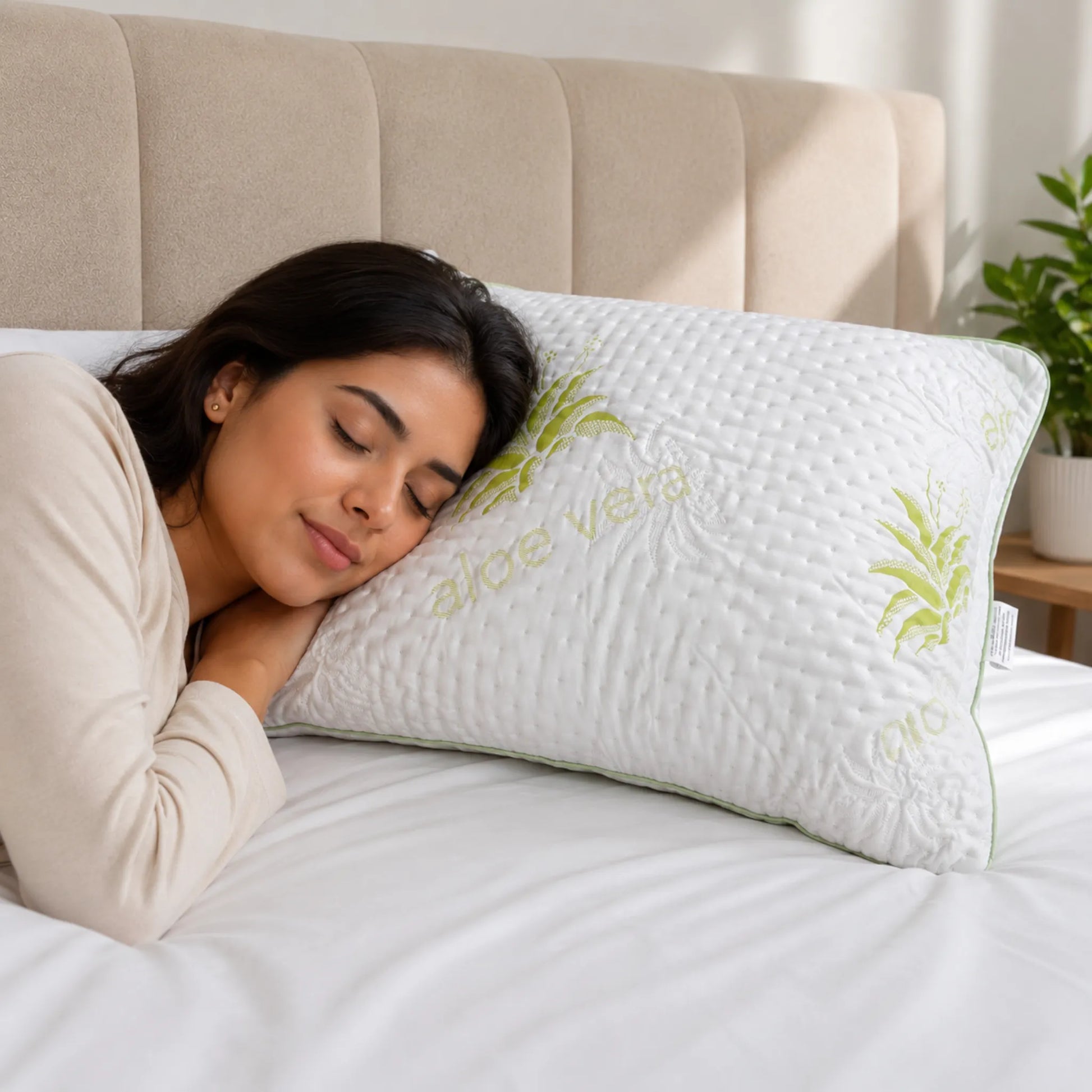 Mujer descansando de lado sobre almohada Aloe Vera Scarlett Classics Standard blanca 51x66 cm, ideal para dormir de lado, con diseño verde y textura suave.