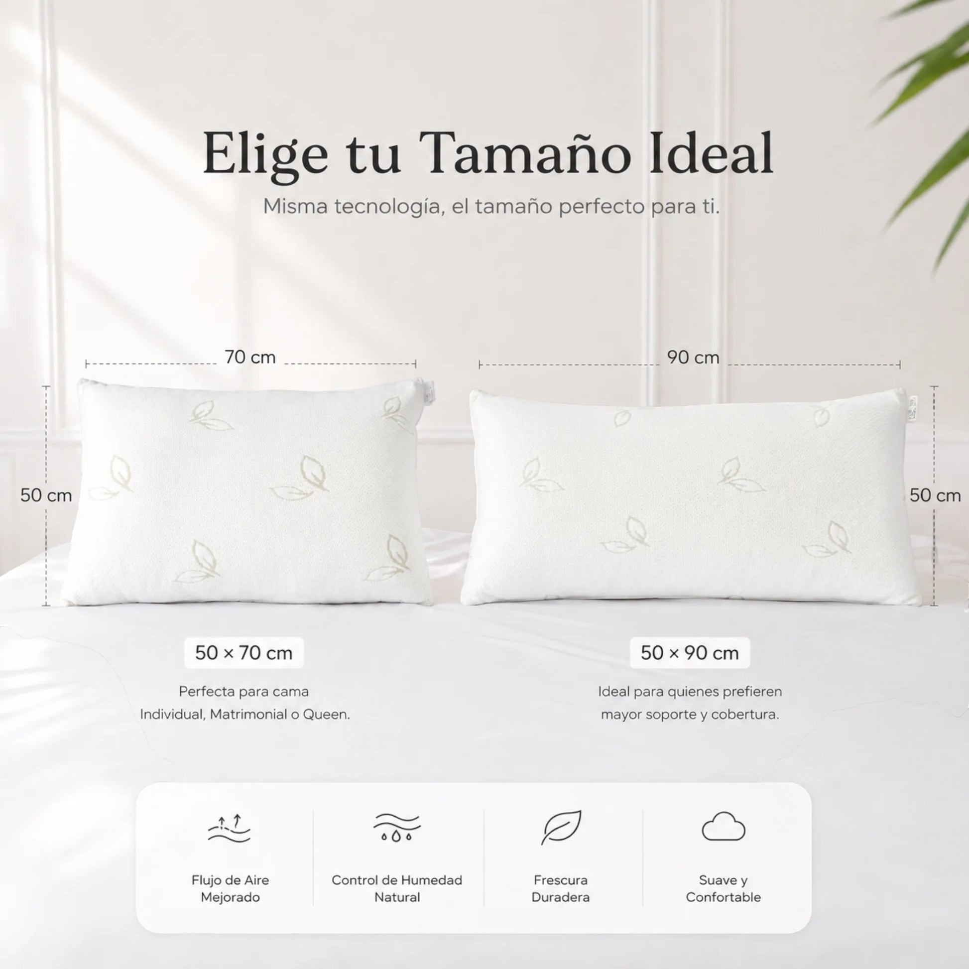 Comparativa de almohadas de bambú Pacific Home en tamaños 50 por 70 cm y 50 por 90 cm, con medidas y beneficios de cada opción.
