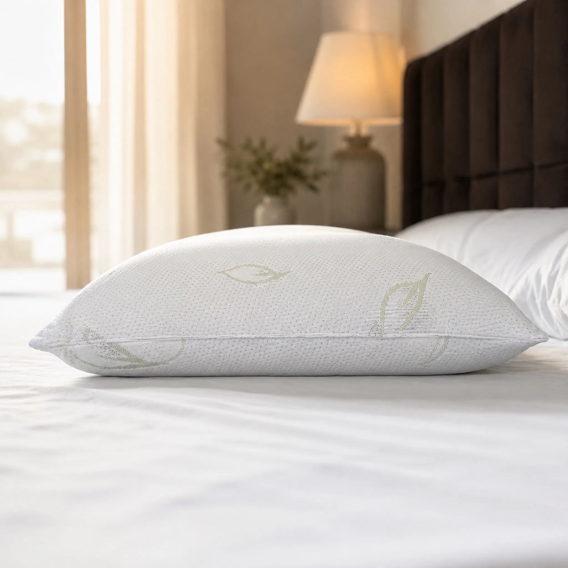 Vista lateral de una almohada de bambú Pacific Home blanca sobre una cama, mostrando su altura, volumen, costura y perfil acolchado.