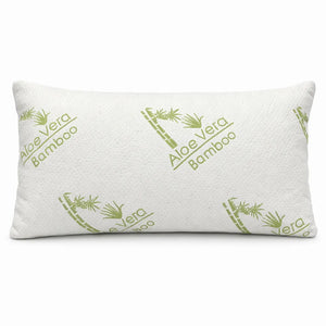 Almohada de memory foam blanca con estampado verde Aloe Vera Bamboo, vista frontal sobre fondo gris neutro, ideal para ficha de producto Scarlett Classics.