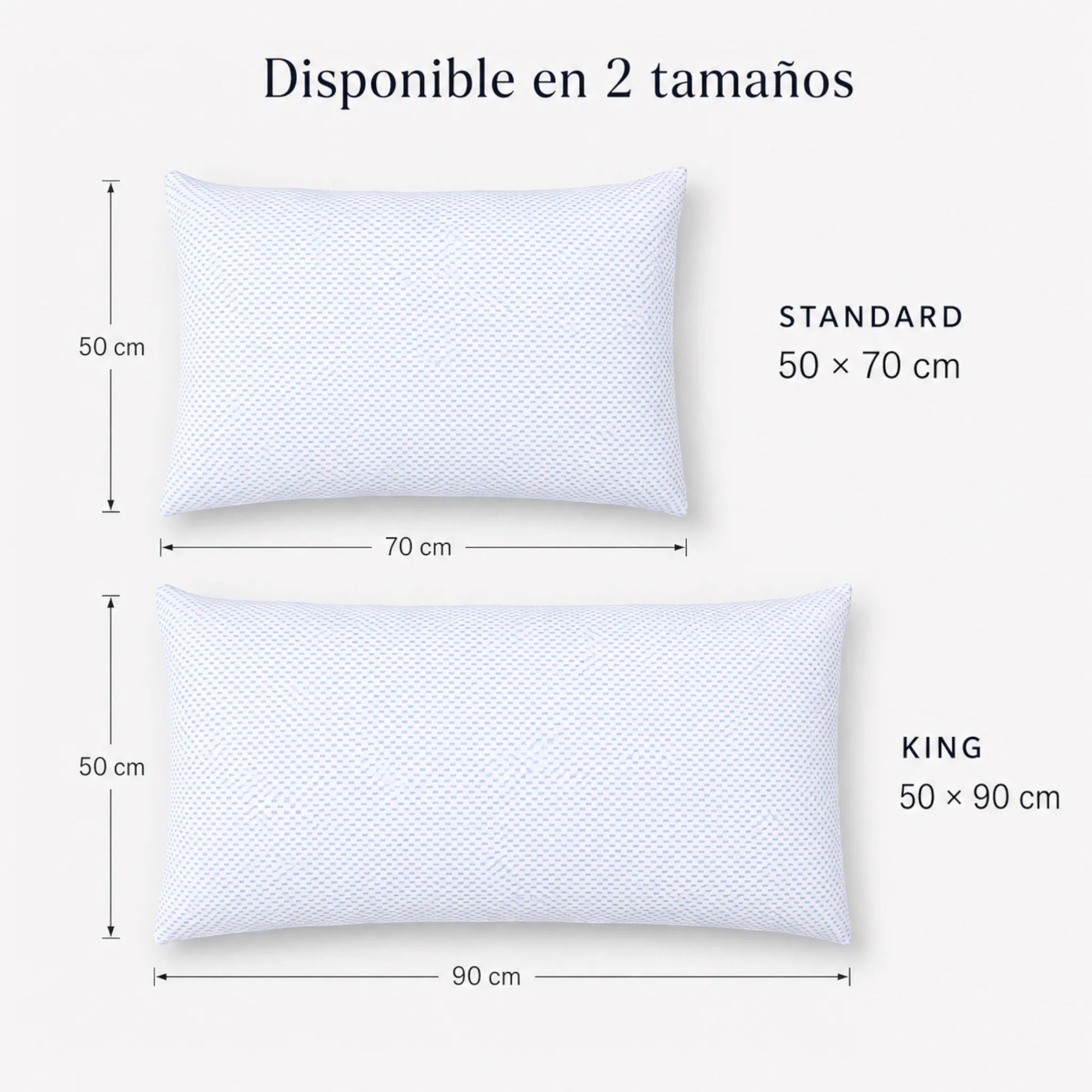 Comparación de almohada refrescante Pacific Home en tamaño Standard de 50 por 70 cm y King de 50 por 90 cm.