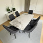 Perspectiva superior del juego de comedor Ambienta DT-06-2237 con mesa rectangular mármol blanco y seis sillas gris oscuro, ideal para espacios modernos.