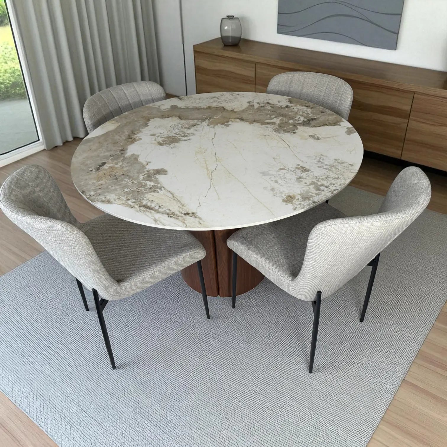 Detalle superior del brillo y las vetas del tablero efecto mármol de la mesa redonda Ø120 cm del set DT-04-2258, rodeada de sillas beige.
