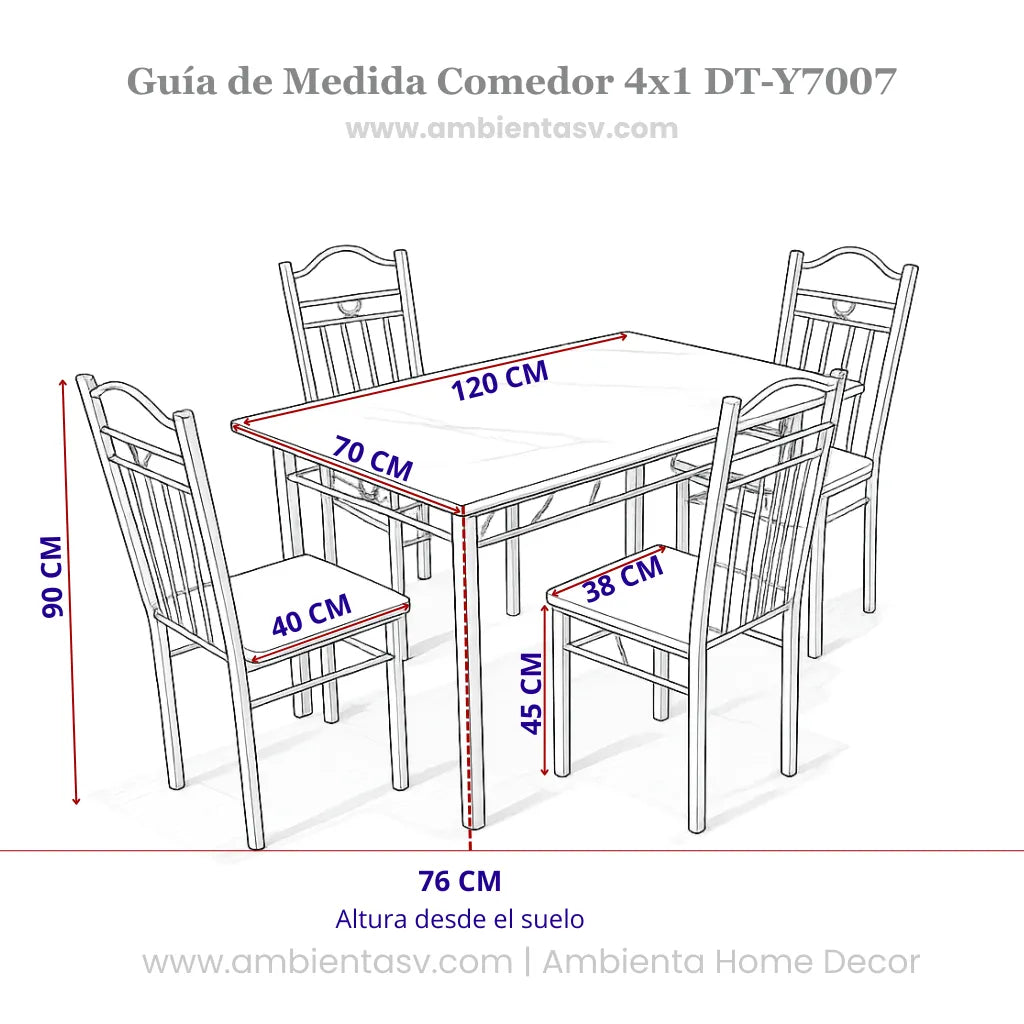 Guía de medidas del comedor 4 puestos Ambienta Home Decor DT-Y7007: mesa 120x70 cm, altura 76 cm; silla altura 90 cm, asiento 40x38 cm, altura 45 cm.