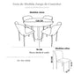 Guía de medidas Ambienta Home Decor del juego de comedor DT-04-2258: mesa redonda Ø120 cm, altura 76 cm; sillas altura 82 cm, ancho 55 cm, asiento 48 cm de ancho y 40 cm de alto, patas 42 cm.
