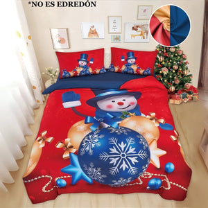 Set de sábanas Bouquetex con muñeco de nieve rojo con azul y esferas, toma frontal en dormitorio navideño, disponible en Full, Queen y King, juego de sábanas, no edredón.