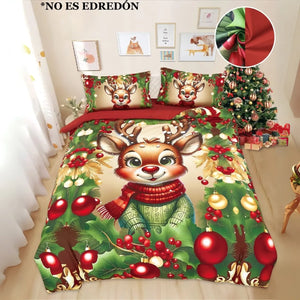Set de sábanas Bouquetex, diseño Reno Navideño verde con rojo, foto frontal de cama vestida con árbol navideño a la derecha, disponible en tallas Full, Queen y King, no es edredón.