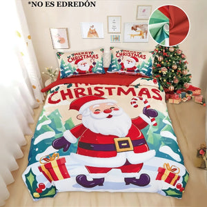 Set de sábanas Bouquetex, diseño Santa Claus con regalos, fondo beige con verde y rojo, foto frontal en cama matrimonial, tallas Full/Queen/King, juego de sábanas.