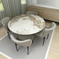 Detalle lateral de la silla del set DT-04-2258: asiento ergonómico tapizado beige, patas metálicas negras; ideal para mesa redonda Ø120 cm del conjunto.