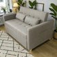 Sofá cama SFB-6096 beige de Ambienta Home Decor en modo sofá, vista 3/4 lateral, diseño de dos plazas con brazos rectos e incluye 2 cojines.