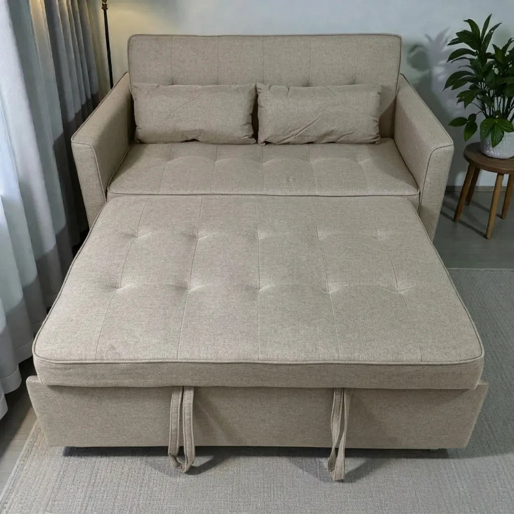 Sofá cama SFB-6096 color beige en modo cama completo, vista frontal con tirantes de apertura; superficie aprox. 118 x 178 cm.