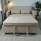 Sofá cama SFB-6096 beige en modo cama, vista frontal centrada mostrando tirantes y acolchado tipo capitonado.