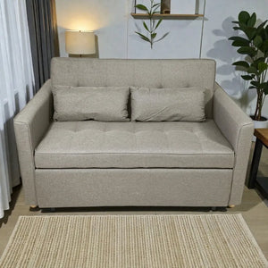 Sofá cama SFB-6096 color beige en vista frontal, modo sofá de dos plazas con cojines incluidos y acabado acolchado.