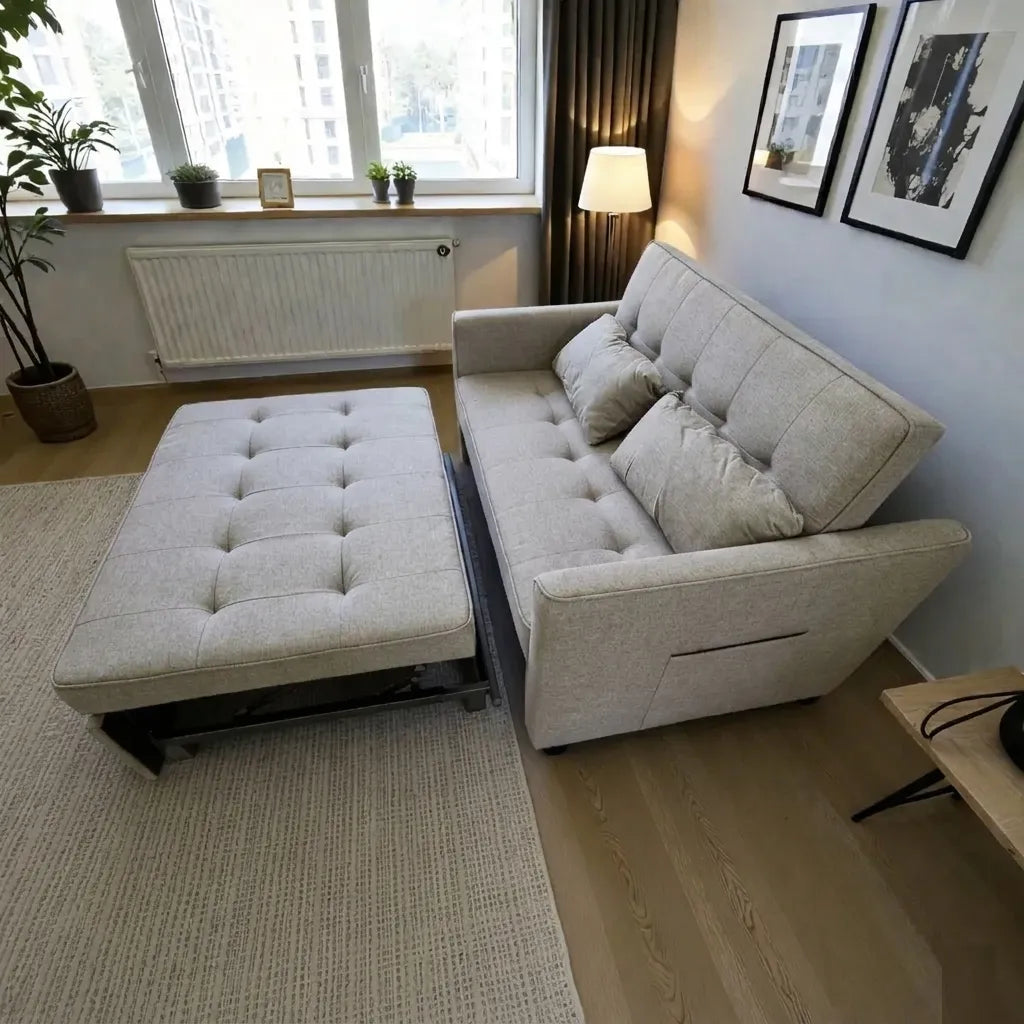 Sofá cama SFB-6096 beige en vista 3/4, modo cama con mecanismo y estructura metálica visible debajo.