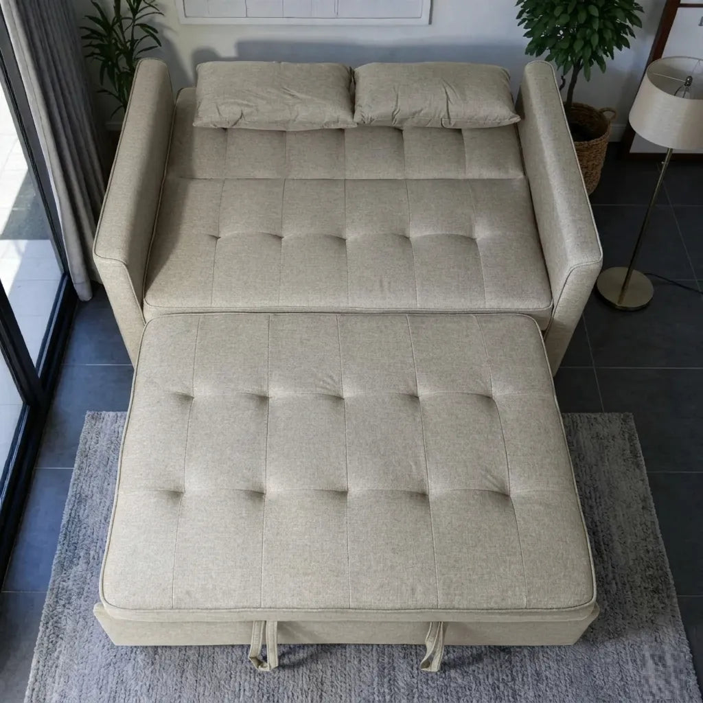 Sofá cama SFB-6096 color beige en vista lateral, mostrando el sofá y la sección extendida en modo cama durante la apertura.