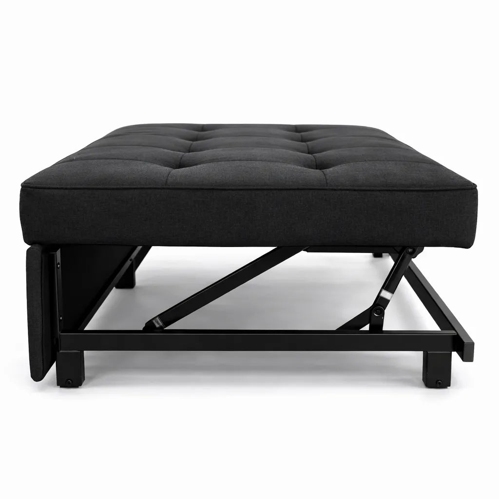Sofá cama SFB-6097 negro de Ambienta Home Decor en modo cama abierto, vista lateral con estructura metálica y sistema abatible visible, fondo blanco.