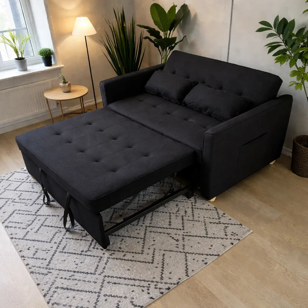 Sofá cama SFB-6097 color negro en modo cama extendido, vista frontal en ambiente; cama aprox. 118 x 178 cm.