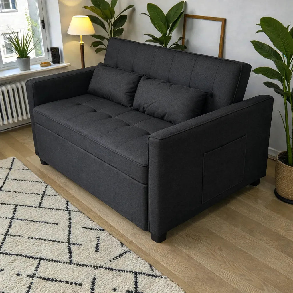 Sofá cama SFB-6097 negro de Ambienta Home Decor en modo sofá, vista 3/4 lateral, diseño de dos plazas con brazos rectos e incluye 2 cojines.