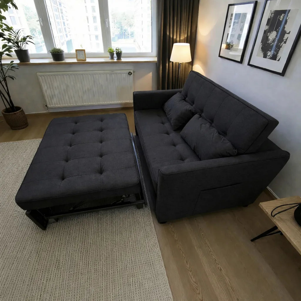 Sofá cama SFB-6097 negro en vista 3/4, modo cama con mecanismo y estructura metálica visible debajo.