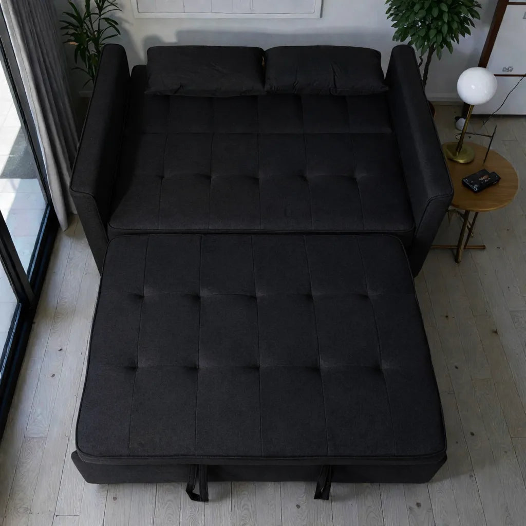 Sofá cama SFB-6097 color negro en vista lateral, mostrando el sofá y la sección extendida en modo cama durante la apertura.